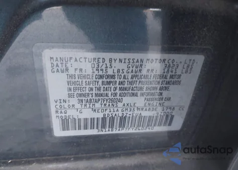 2015 Nissan Sentra Sv z USA, uszkodzony, nr VIN 3N1AB7AP7FY260240